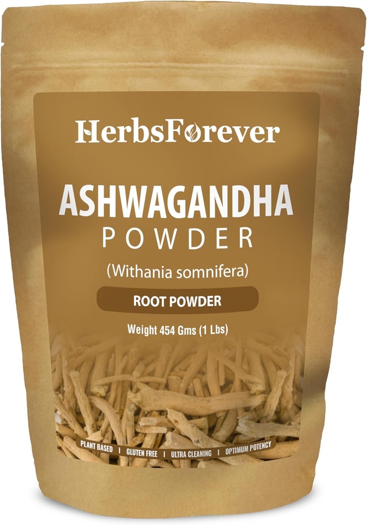 HerbsForever Ashwagandha Root Powder 454g I Zima Cherry, Non-GMO, Wegan, Gluten- Free I Ayurvedic Stress- Buster Wspiera booster energetyczny, Vitality & Odmładzacz Ogólna Wellness Maksymalna moc