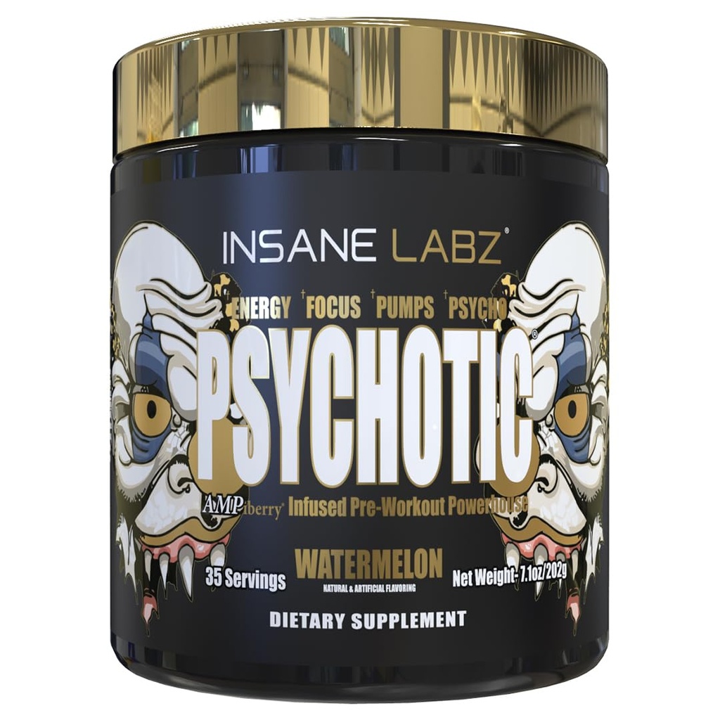 Szalony Labz Psychotic Gold, Wysoki Stymulant pre Workout Powder, Ekstremalne Stasting Energy Focus, Pompy i Endurance z Beta Alanine, DMAE Bitartrate, NO Booster (35 Sługi, Arbuz)