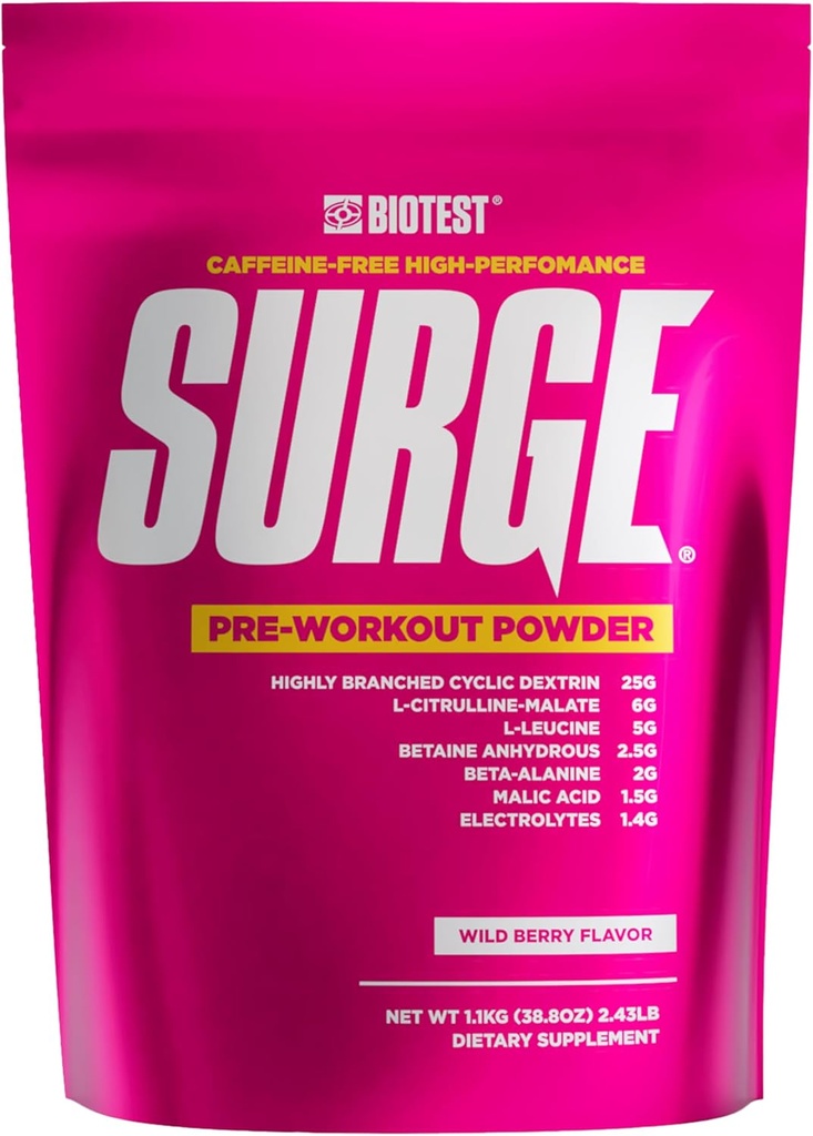 Surge Pre- Workout Powder - 25 g Wysoko rozgałęziona cykliczna dekstryna, 6,5 g cytruliny jabłczan, 5 g L- leucyna, 2,5 g Betaine Bezwodny, 2 g beta- alanina, 1,4 g Mieszanka elektrolitów - 1,1 kg