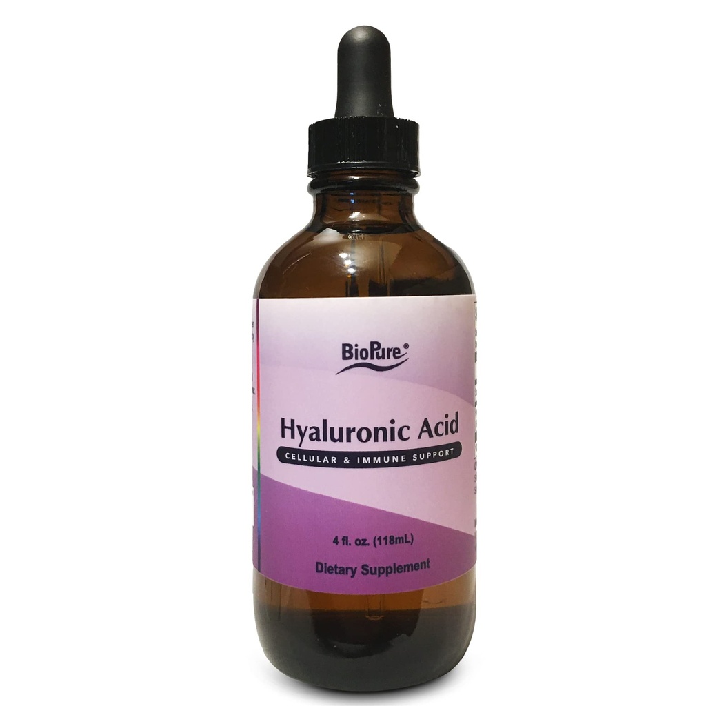 BioPure Hyaluronic Acid Liquid Solution - Wszystkie naturalne, Wysoko Biodostępna Forma kwasu hialuronowego do stosowania doustnego i miejscowego na korzyść wspólnego smarowania i nawilżenia skóry, Elastyczność - 4 fl oz