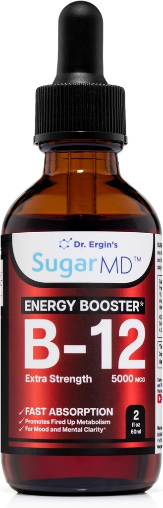 SugarMD Witamina B12 5000 µg Krople płynne - 2 fl oz (60ml) Krople energetyczne dla kobiet i mężczyzn - Niemodyfikowane genetycznie i wolne od glutenu płyny B12 Krople z maksymalnym wzorem absorpcji