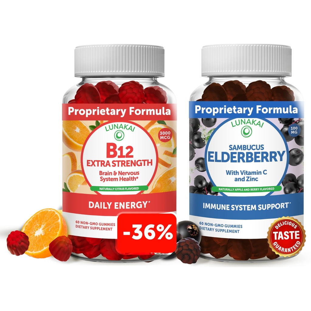 Lunakai Witamina B12 i Gummies Elderberry Bundle - 3000 µg Gummy dla dorosłych Wsparcie energetyczne i zdrowia kości - Suplement wsparcia immunologicznego z cynku i witaminy C