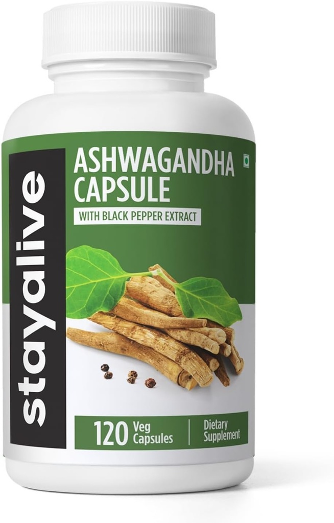 STAY ALIVE Ashwagandha z Black Pepper, 10: 1 Ekstrakt, 120 Pigułek, 100% Czysty Proszek korzenny, Kapsułki o dodatkowej mocy, Non-GMO & Gluten Darmowe suplementy Ashwagandha dla kobiet i mężczyzn
