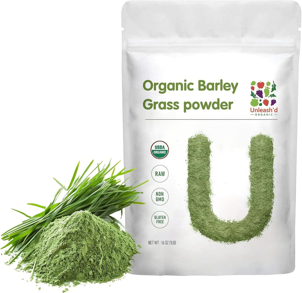 UNLEASH 'D ORGANIC Barley Grass Powder 1 Funt 100% Czysta i organiczna, Superfood Zielone bogate w witaminy, minerały, włókna i przeciwutleniacze