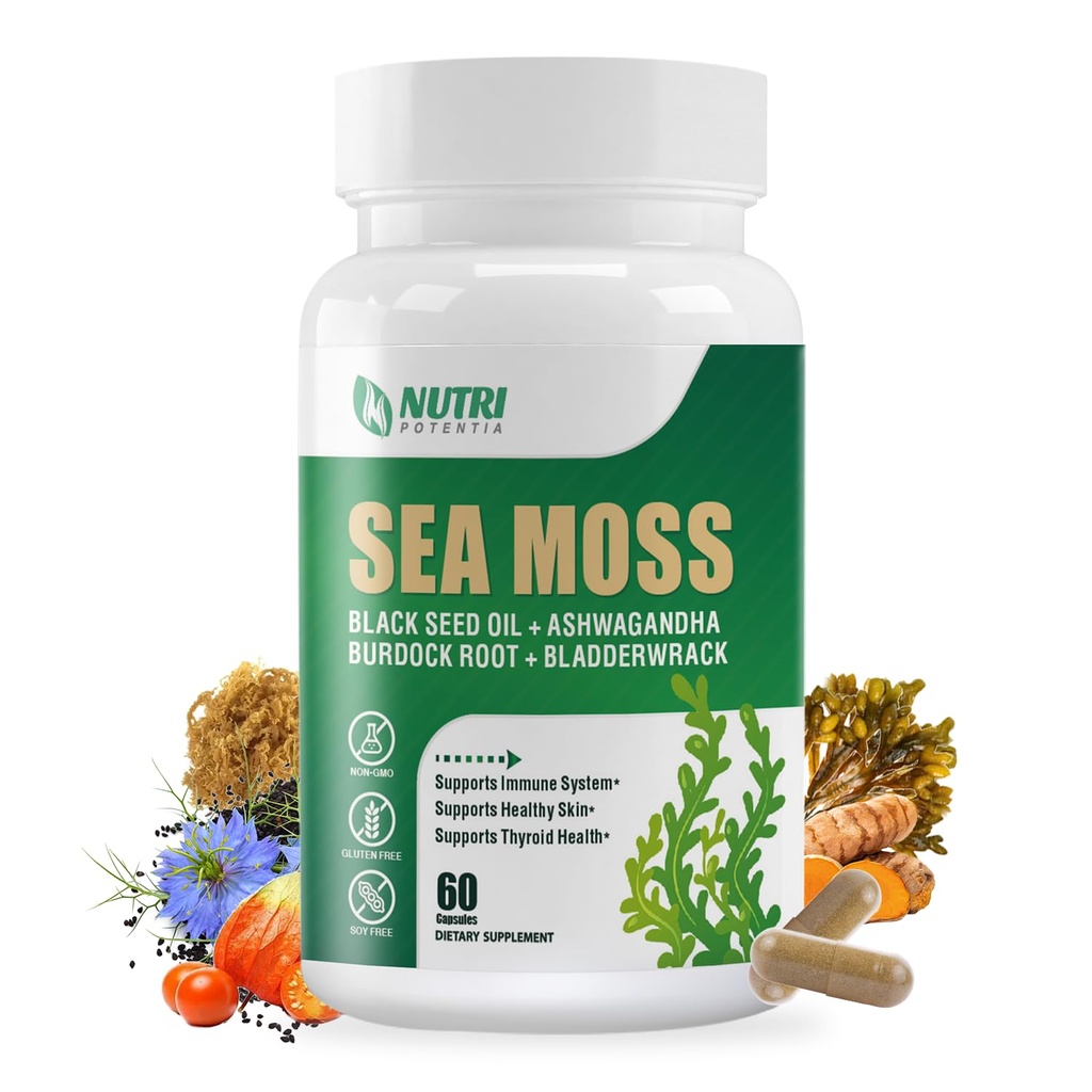 Sea Moss Capsules,Irish Sea Moss Pills w/ Ashwagandha Supplements Chlorella Black Seed Oil Bladderwrack and Vitamin C Vitamin D3 for Women and Men.Third-Party Tested(Made & Tested in USA) 60 Capsules