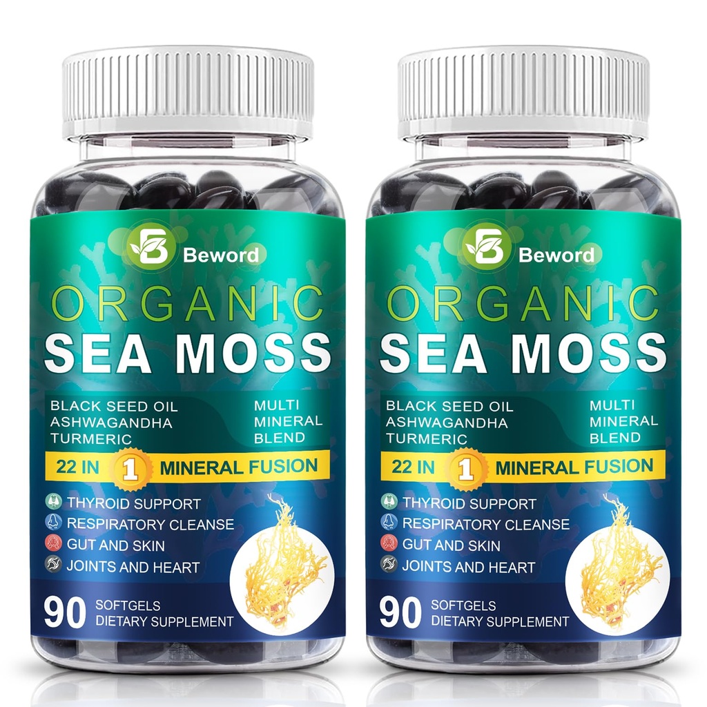 BEWORD Organic Sea Moss Softgels, 180 Capsules - with Irish Sea Moss, Vitamin C,D3, Black Seed Oil, Ashwagandha, Turmeric, Bladderwrack, Burdock, Rhodiola Rosea - Immune, Skin & Energy Support, 2 Pack