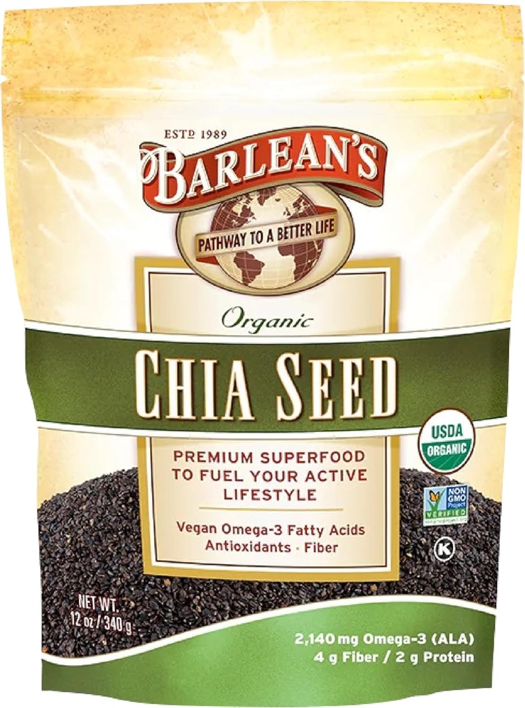 Barlean 's Organic Chia Seeds z 2,140 mg Omega 3 Kwasy tłuszczowe, Fiber Supplement for Whole Chia Seed for Smoothies, Non-GMO Certified, 12 oz