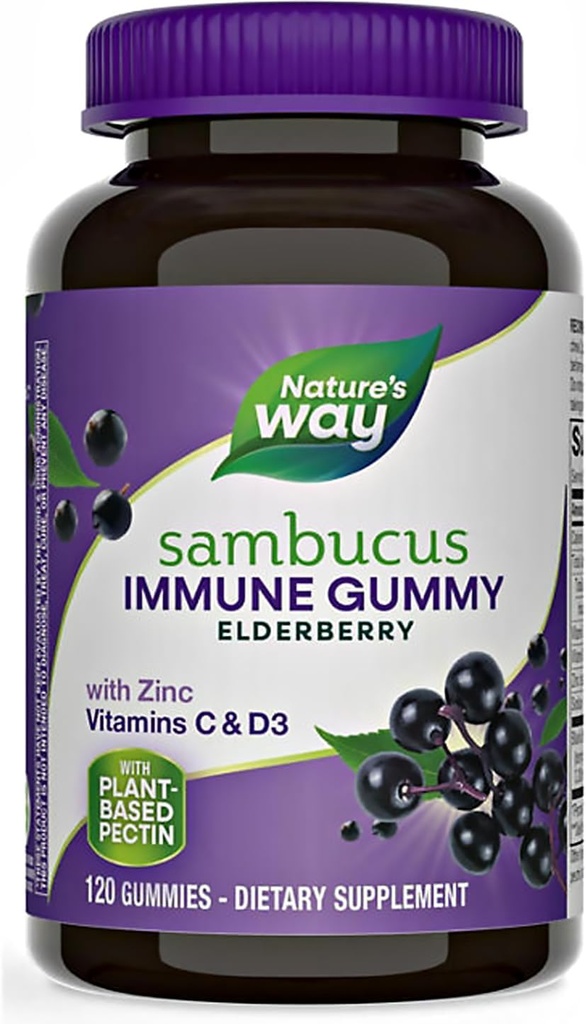 Natury + Sposób Sambucus Gummies Elderberry, z witaminą C, Witamina D i Cynk, Wsparcie immunologiczne dla dzieci i dorosłych, 120 Gummies