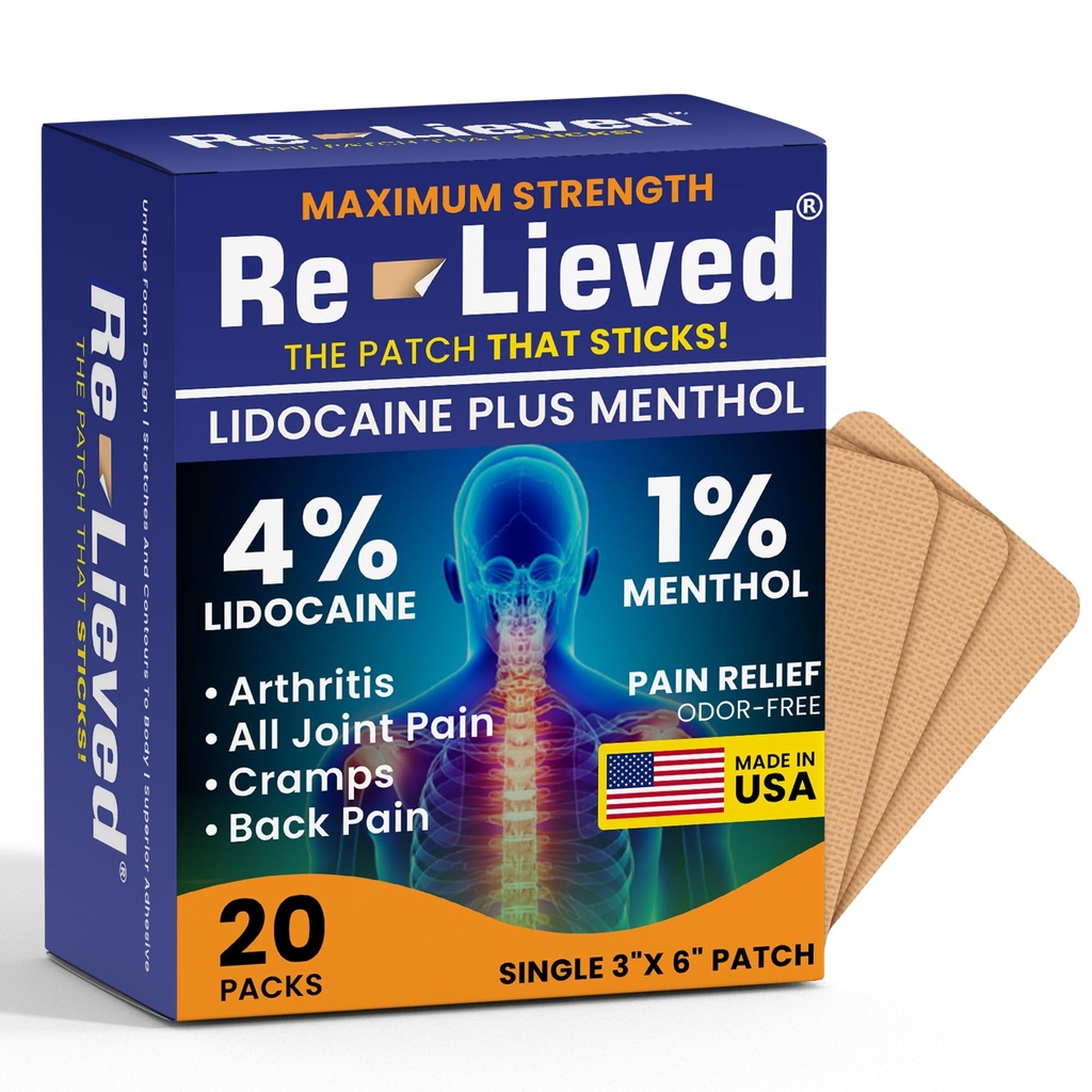 Re-lieved 4% Lidocaine & 1% Menthol Pain Relief Patches - Maximum Strength Medicated Patches for Joint & Muscle Ache - Stick-on Fast-Acting Pain Relief - Aluminum-Free, Made in the USA - 20 PCS