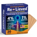 Re-lieved 4% Lidocaine & 1% Menthol Pain Relief Patches - Maximum Strength Medicated Patches for Joint & Muscle Ache - Stick-on Fast-Acting Pain Relief - Aluminum-Free, Made in the USA - 20 PCS