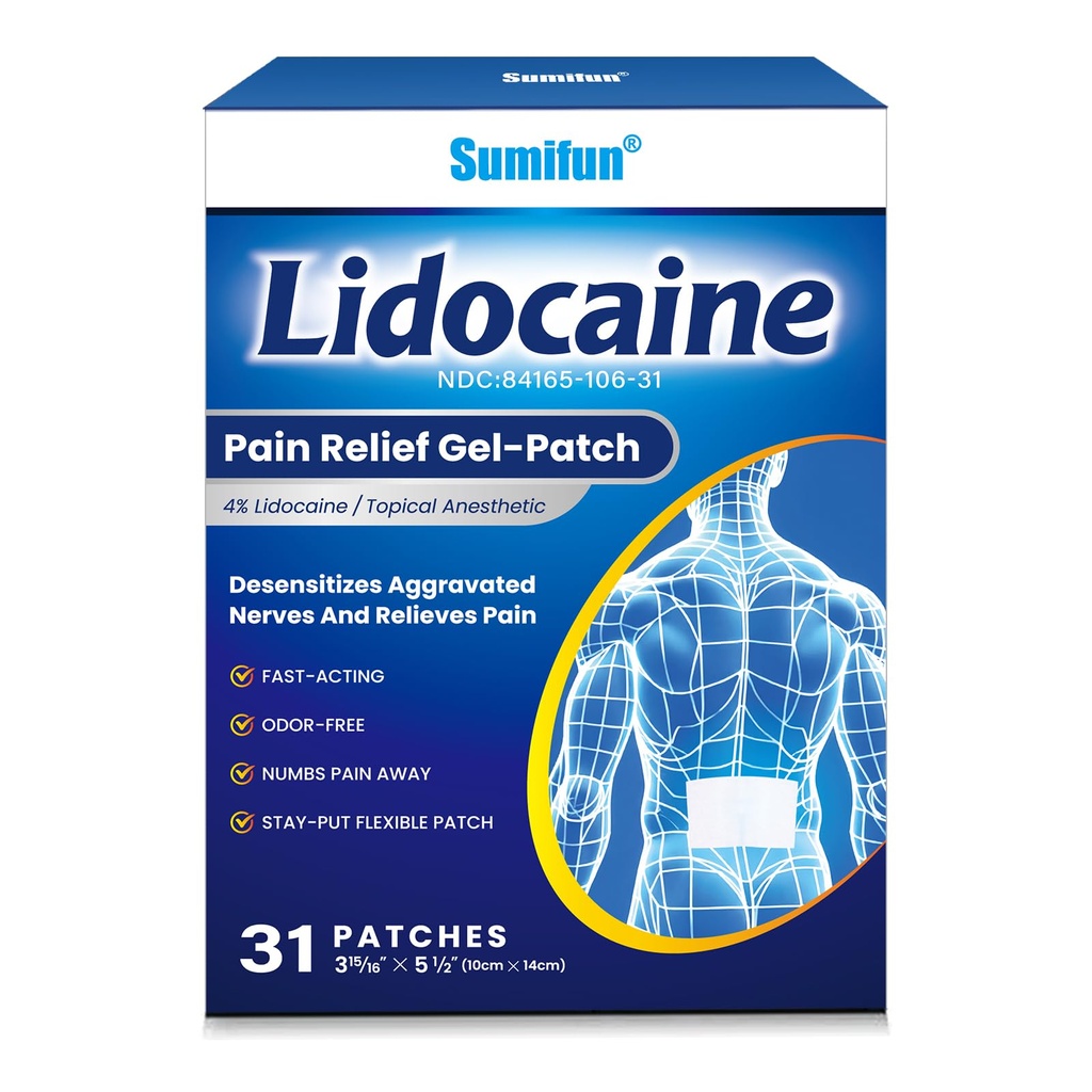 Sumifun Lidocaine Numbing Pain Patches - Maximum OTC Strength Pain Relief for Simple Backache, Muscle Sore, Joint Pain, Sprain, Strain - Fast Acting & Long Lasting 8 Hours (Large, 31 Count)