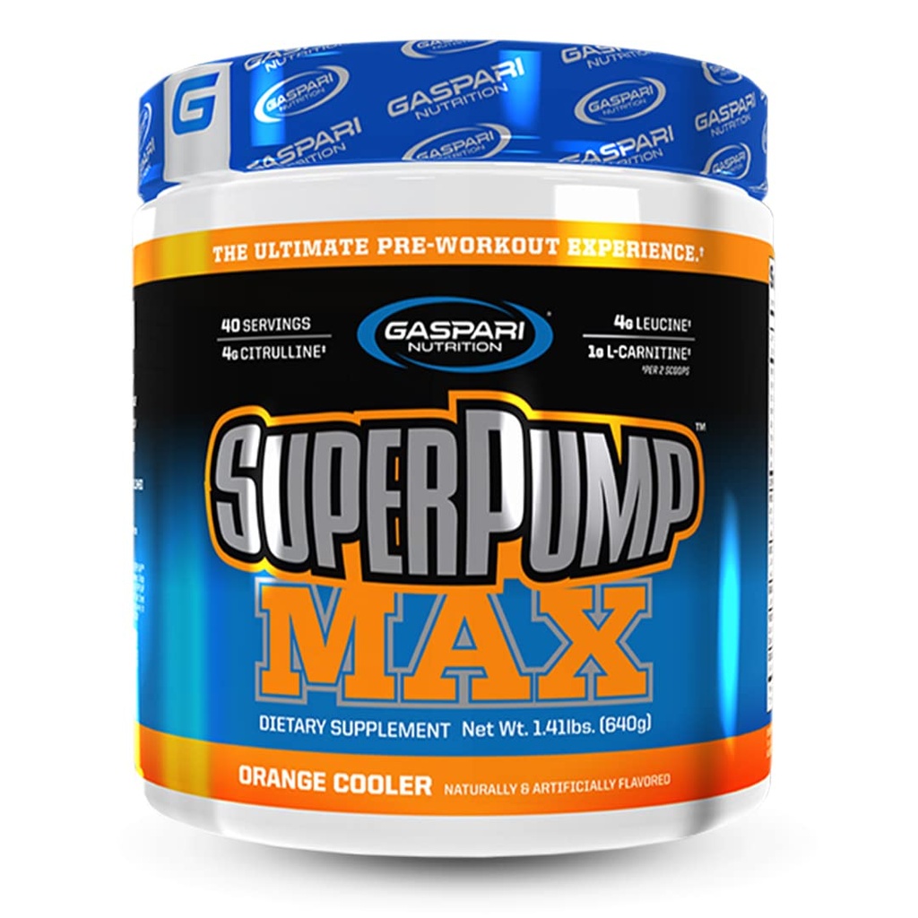 Gaspari Nutrition SuperPump MAX, Ultimate Pre Workout Proszek, Trwałe przygotowanie energii, Azoksyd azotowy Booster, Wzrost mięśni, Odzysk i uzupełnia elektrolity (40 Serving, Orange Cooler)