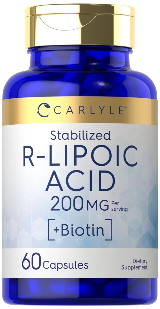 Carlyle R- Lipoic Acid 200mg XI124; 60 kapsułki XI124; stabilizowany RLA z Biotin XI124; Non- GMO, Gluten Free
