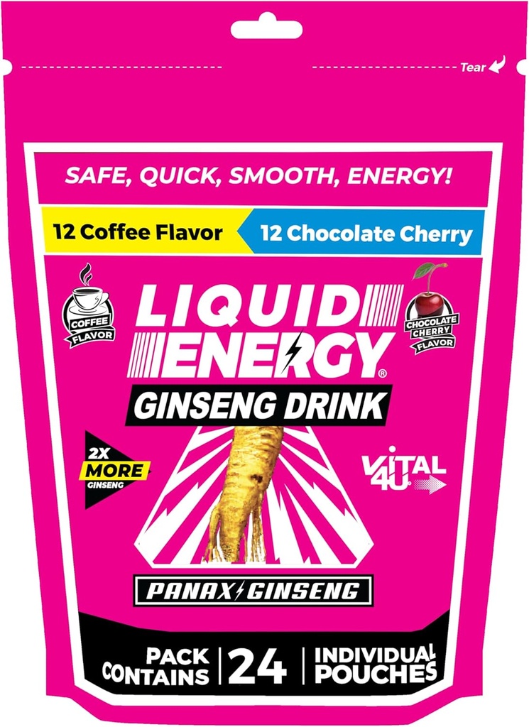 VITAL 4U ® Liquid Energy Shot - Kawa i Czekolada Cherry Combo Pack, Ginseng, Witaminy B, naturalnie Sweetened, 24 szt.