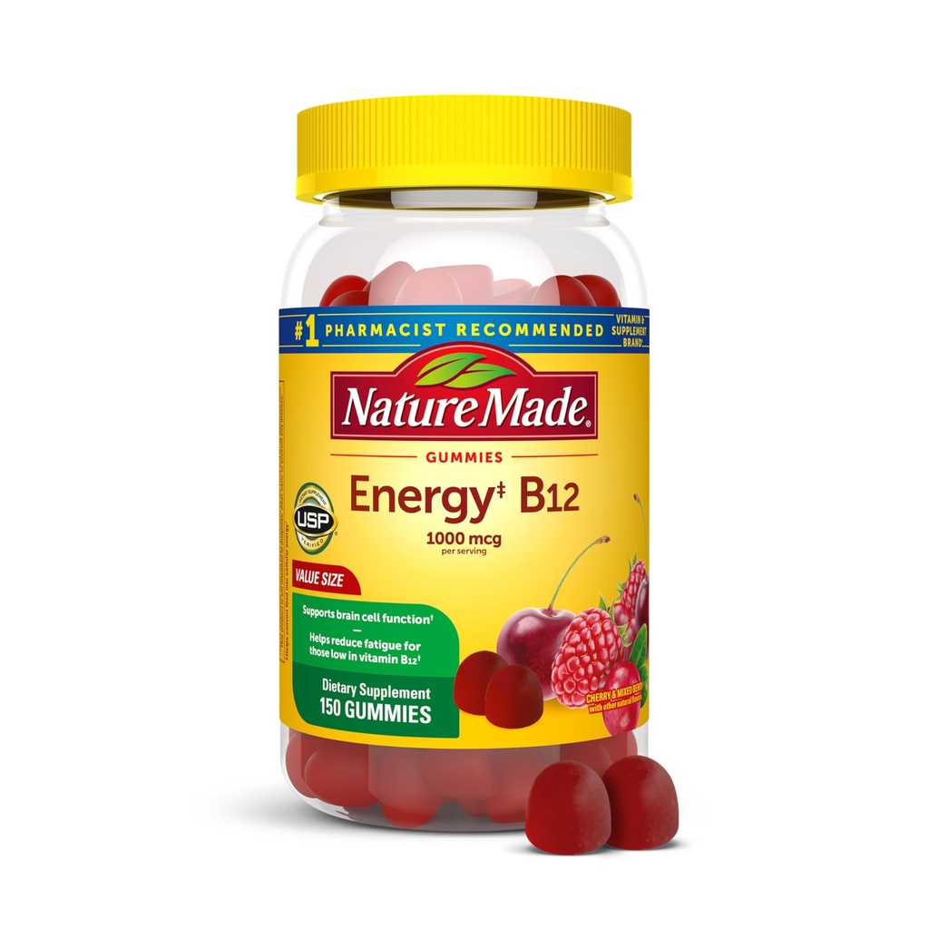 Nature Made Energy B12 1000 µg, Suplement diety do wsparcia metabolizmu energii, 150 Gummies, 75 Day Supply