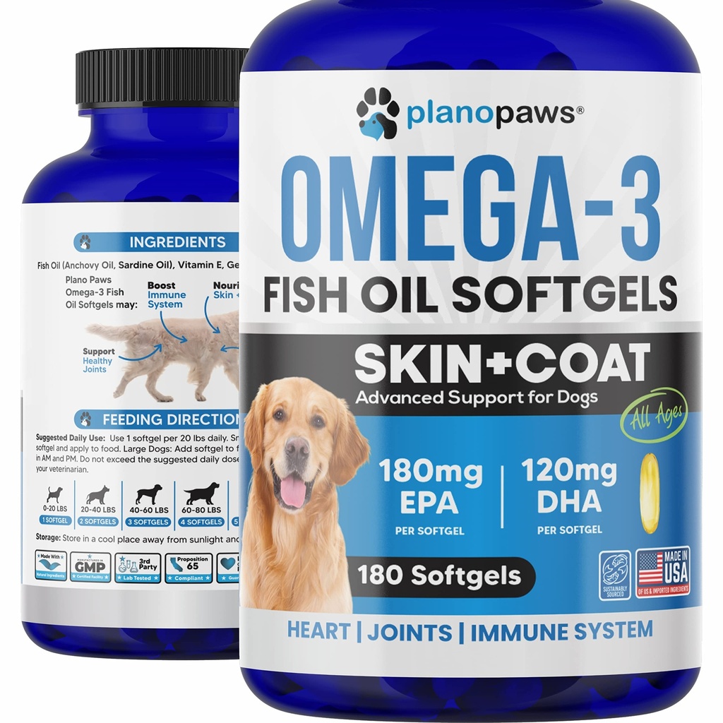 Omega 3 Fish Oil for Dogs Capsules - Salmon Oil for Dogs - Dog Fish Oil Supplement Może pomóc Shedding, Alergia, Swędzenie - Wsparcie suchej skóry, Łączniki - Skóra psa i Coat Supplement - 180 Fish Oil Pills