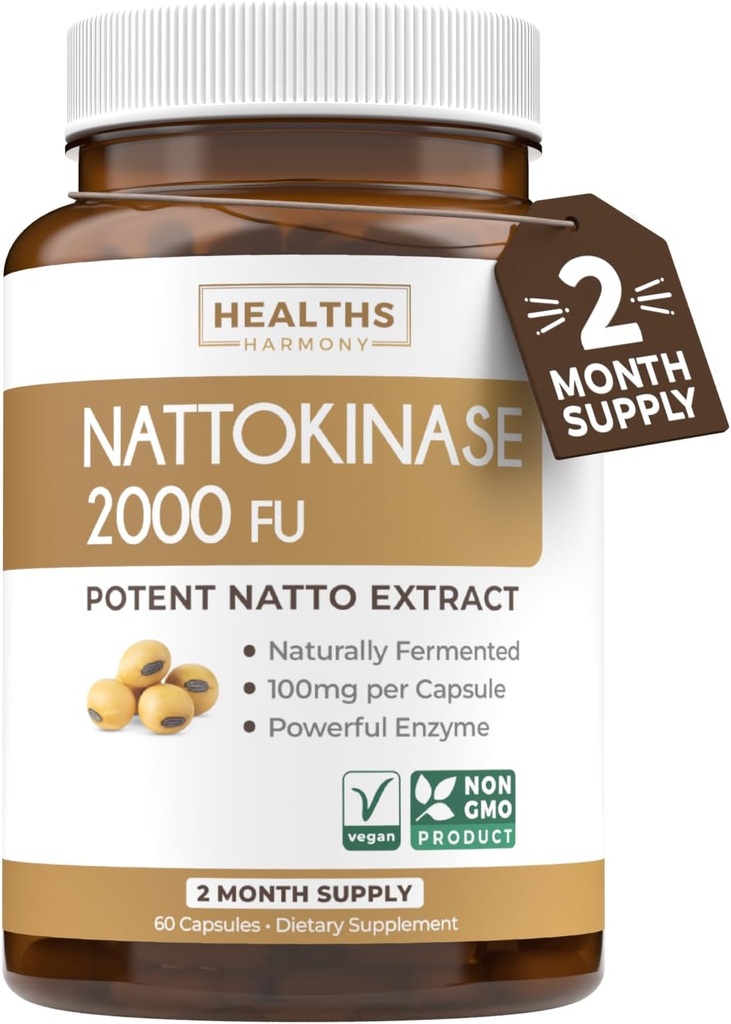 Healths Harmony Nattokinase 2000 FU (Non-GMO) Potężny suplement Nattokinase Made from Natural Fermented Soybeans - (2 Month Supply) 60 Vegan Natto kapsułki