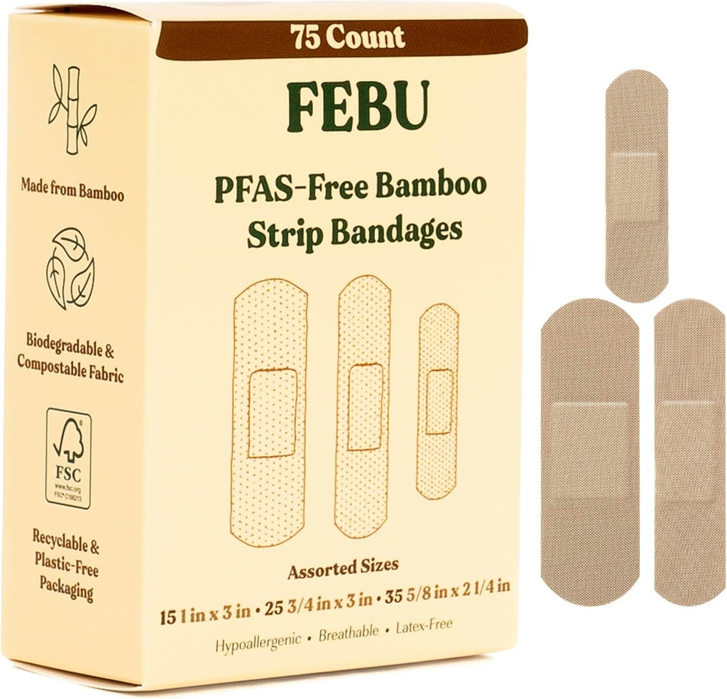 FEBU Eco- Friendly Bamboo Bandaże tkaniny 124; PFAS Free Elastyczne Bandaże tkaniny 124; Naturalny Hypoalergenny Bandaż dla Scrapes, Cuts & First Aid Aid 124; W pełni Kompostowalny, Latex Free Bandage 124; 75 Count Strip