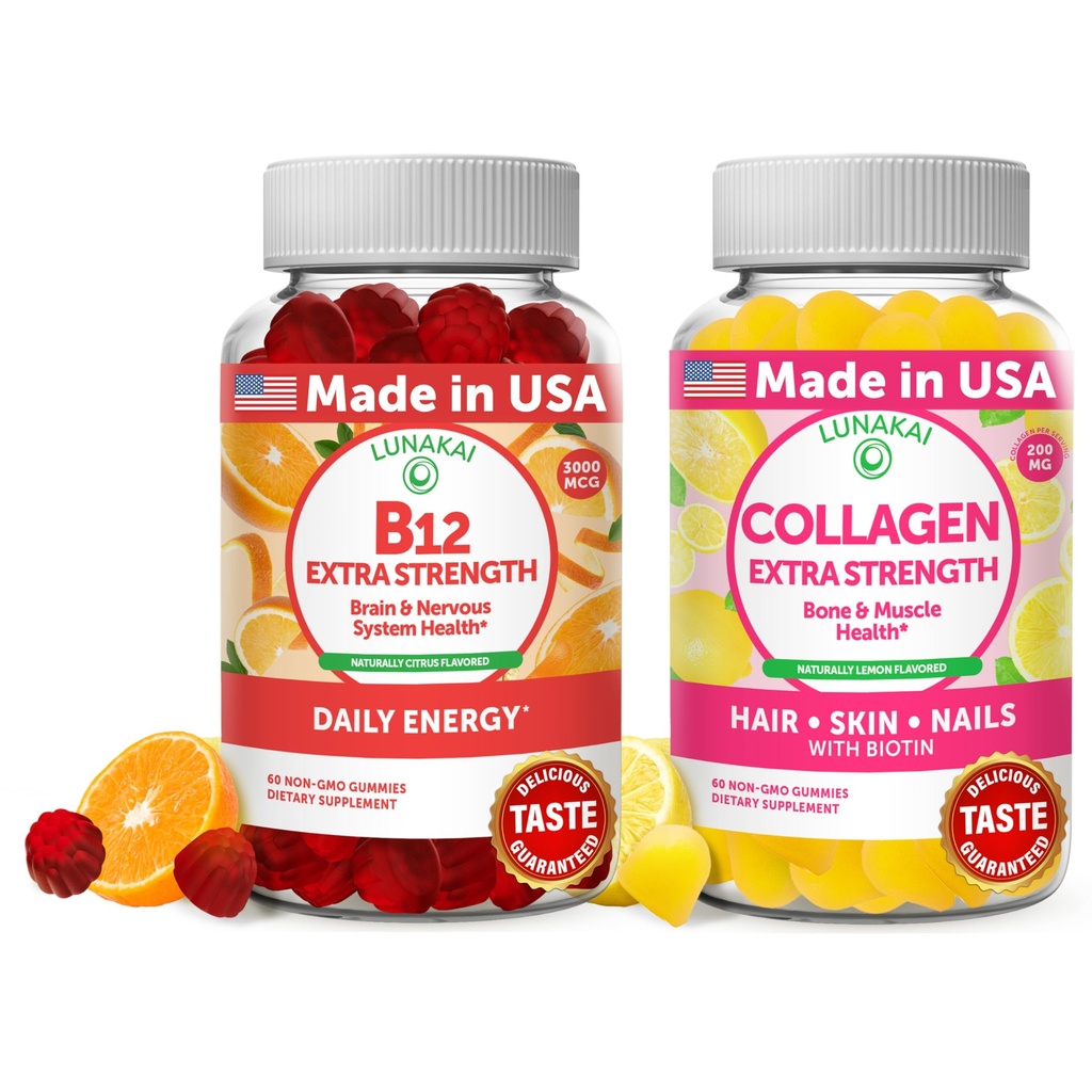 Lunakai Witamina B12 i Gumiaki Collagen Bundle - 3000 µg Methylcobalamina Wysoka absorpcja energii Gumiaki - Non-GMO Anti Anti Aging Supplements for Men & Women - 30 Days Supply