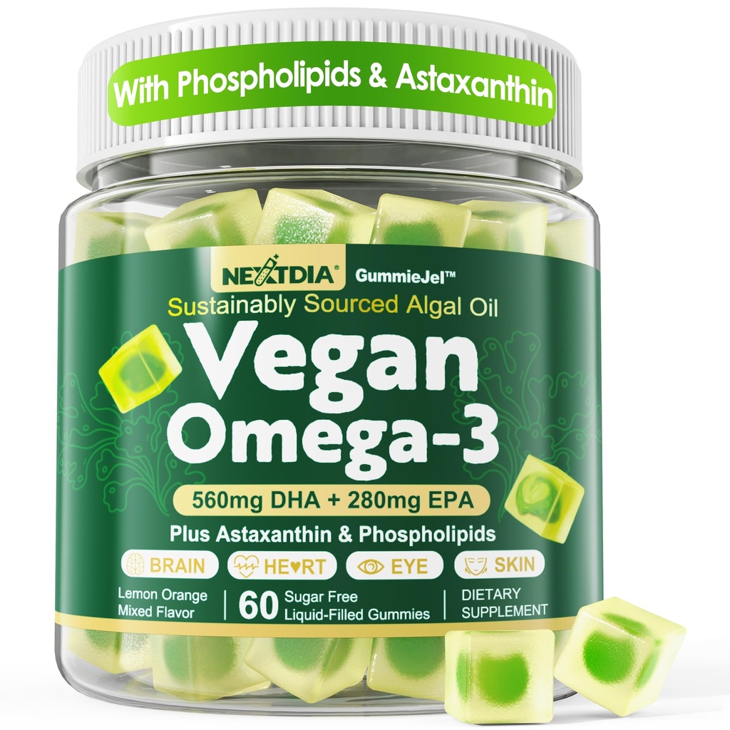Vegan Omega 3 Gumiaki + fosfolipidy, Astaksantyna, Witamina D3, DHA 560mg i EPA 280mg, Algae Fish- Free Omega 3 Suplement dla dorosłych i dzieci w mózgu, Oko, Skóra i ogólne zdrowie, Cukier wolny, 60 Cts