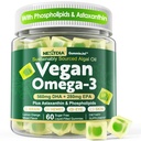 Vegan Omega 3 Gumiaki + fosfolipidy, Astaksantyna, Witamina D3, DHA 560mg i EPA 280mg, Algae Fish- Free Omega 3 Suplement dla dorosłych i dzieci w mózgu, Oko, Skóra i ogólne zdrowie, Cukier wolny, 60 Cts