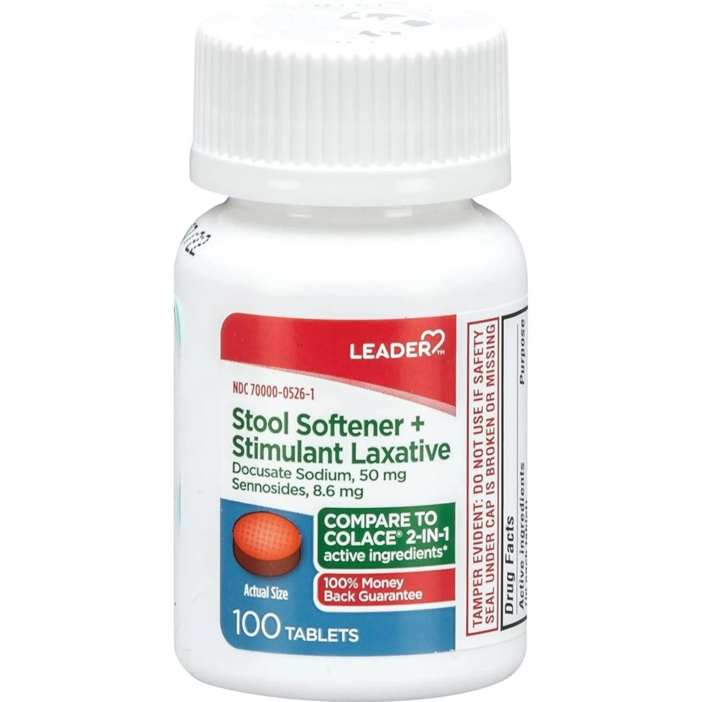 Leader 2-in-1 Stool Softener & Stimulant Laxative, Docusate Sodium 50mg, Sennosides 8.6 mg, Gentle Occasional Constipation Relief for Adults, Both Men & Women, & Children Ages 6+, 100 Tablets