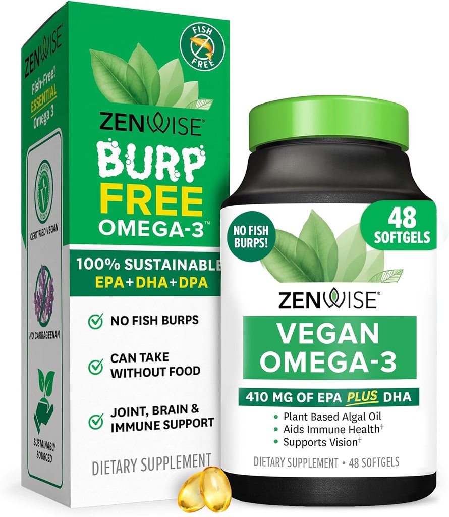 Zenwise Health Vegan Omega 3 Suplement - Burpless Omega 3 Suplement z DHA, EPA i DPA Kwasy tłuszczowe dla zdrowia immunologicznego - Alternatywa oleju rybnego od zrównoważonego oleju z alg morskich - 48 Softgels