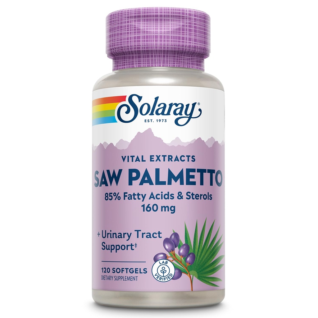 SOLARAY Saw Palmetto Extract - Prostate Health and Uurinary Tract Support - 136 mg Fatty Acids and Sterols - Lab Verified, 60- Day Money- Back Guarantee (120 Służb, 120 Softgels)