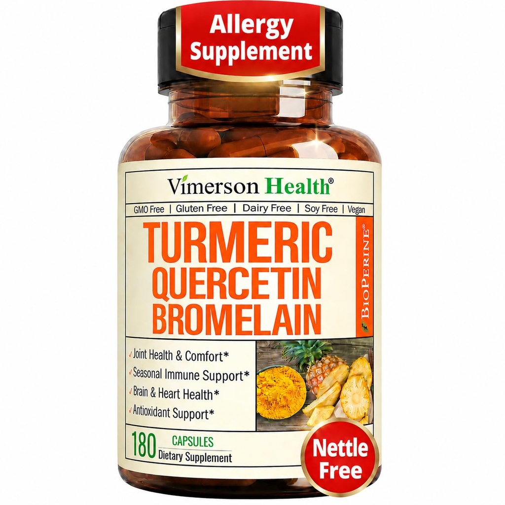 Quercetin with Bromelain Turmeric Curcumin Supplement - Ulga alergiczna, Joint & Immune Supplement - Organic Turmeric Supplement with Black Pepper (Bioperine) - 180 Quercetin 500mg kapsułki