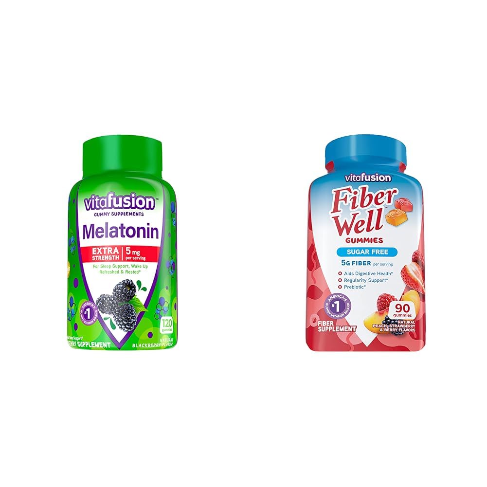 Witafuzja Dodatkowa siła Melatonina Gummy Witaminy, 5mg, 120 ct Gummies & Fiber Well Sugar Free Fiber Supplement, Brzoskwinia, Truskawka i BlackBerry Smakowe Suplementy, 90 Hrabia
