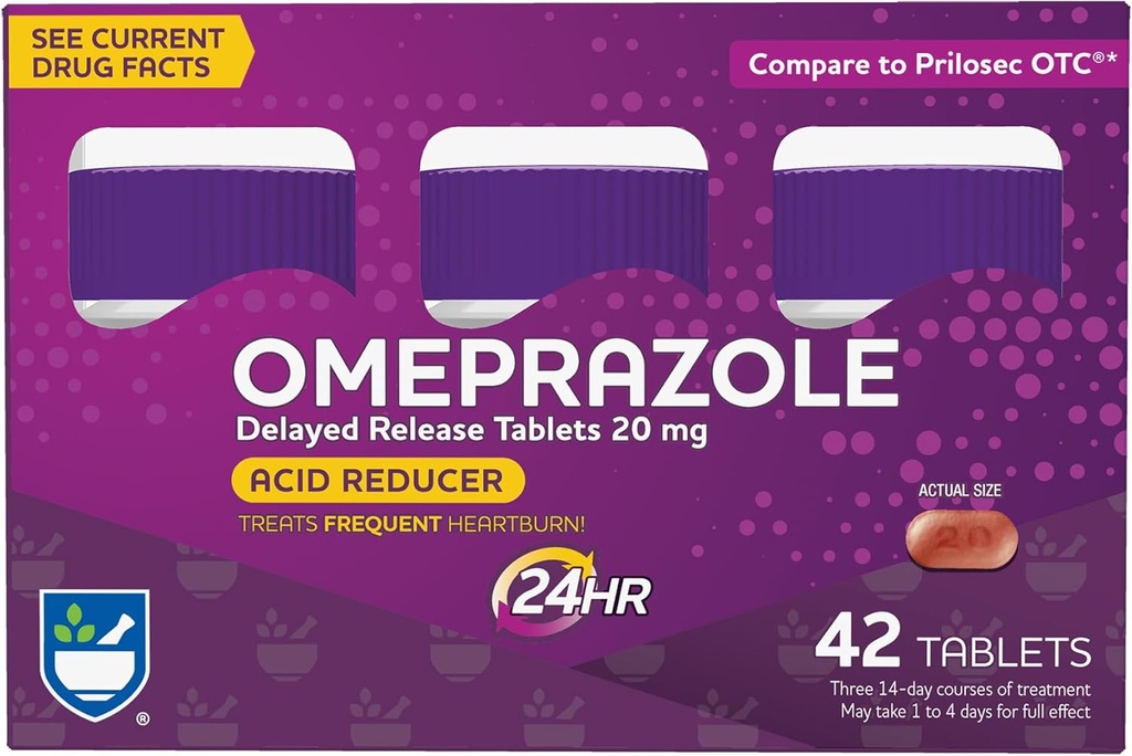 Rite Aid Acid Reducer Omeprazol Opóźnione uwalnianie tabletki - 20 mg, 3 Butelki, 14 Count Each (42 Count Total), Unflavored, Heartburn Relief, Heartburn Medicine, Leczenie często Heartburn