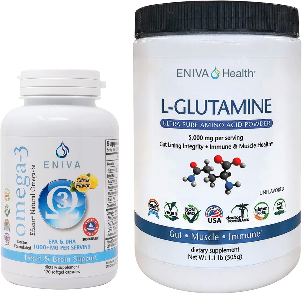 Eniva L- glutamina Proszek, 1.1- Funt i Omega-3 Olej rybny (60 kapsli)
