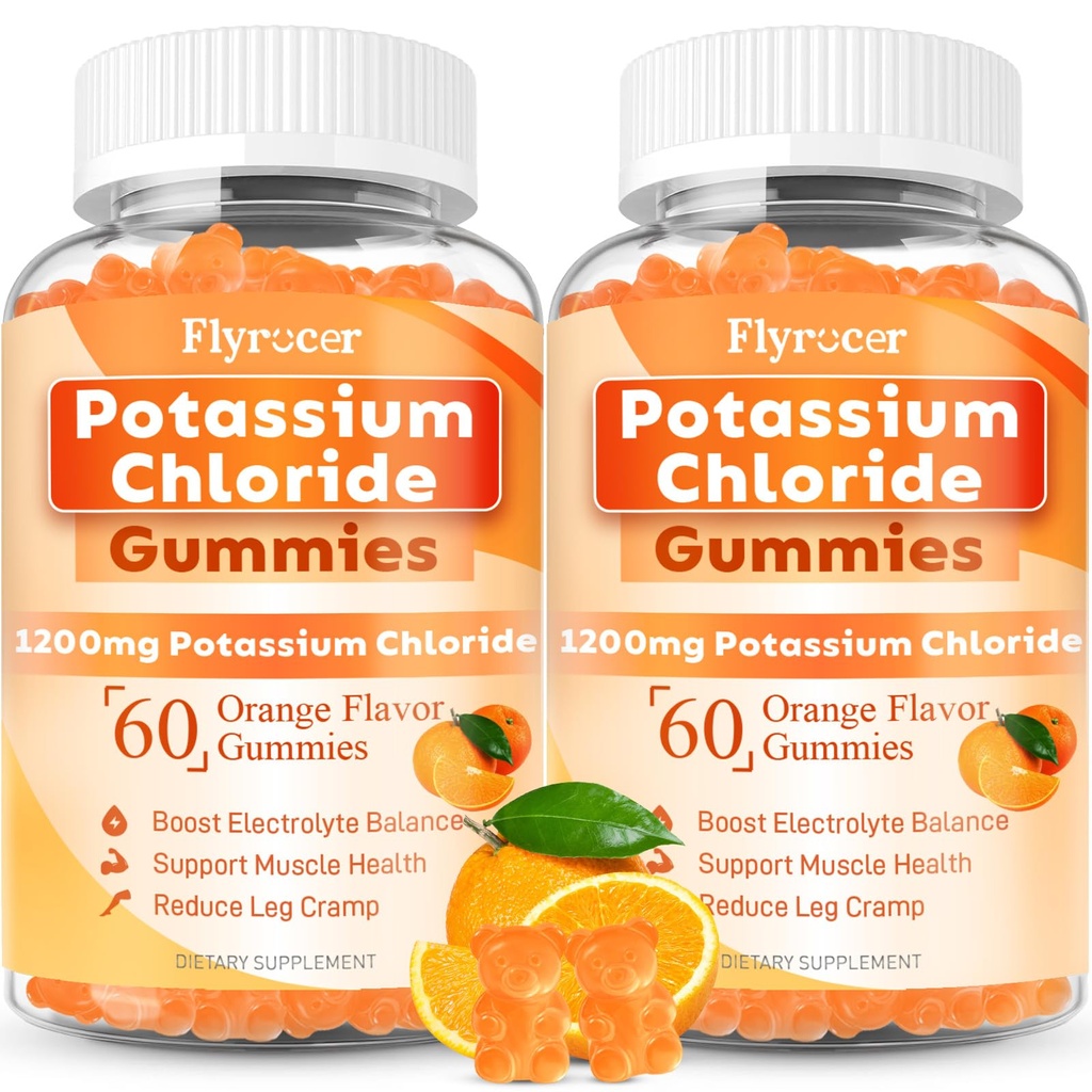 2 Pack Potassium Gummies, Potassium Chloride for Adults, Sugar-Free Potassium Supplement Gummies Support Electrolyte Balance & Leg Cramps for Women & Men, Orange Flavor, Vegan, 120 Count