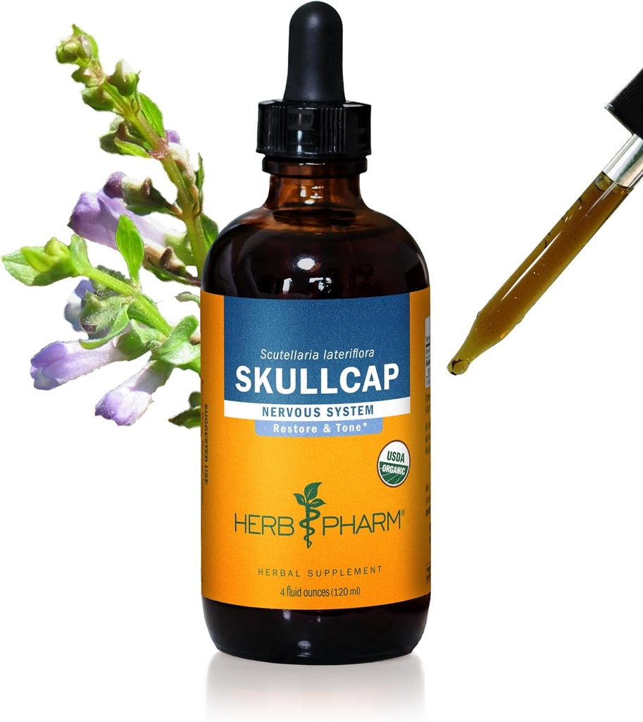 Herb Pharm Certified Organic Skullcap Liquid Extract for Nerwowy system wsparcia, Organic Cane Alkohol, 4 unce