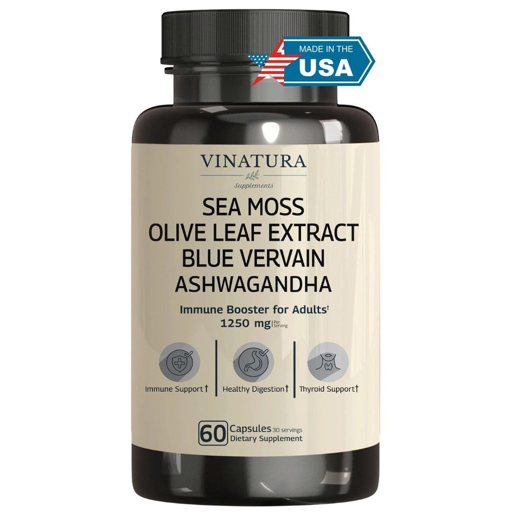 VINATURA Organic Sea Moss, Blue Vervain - z Black Seed Oil, Ashwagandha, Ginger, Burdock Korzeń kapsułki - 1250mg na serwowanie, * USA Made & Tested * Immune Booster dla dorosłych
