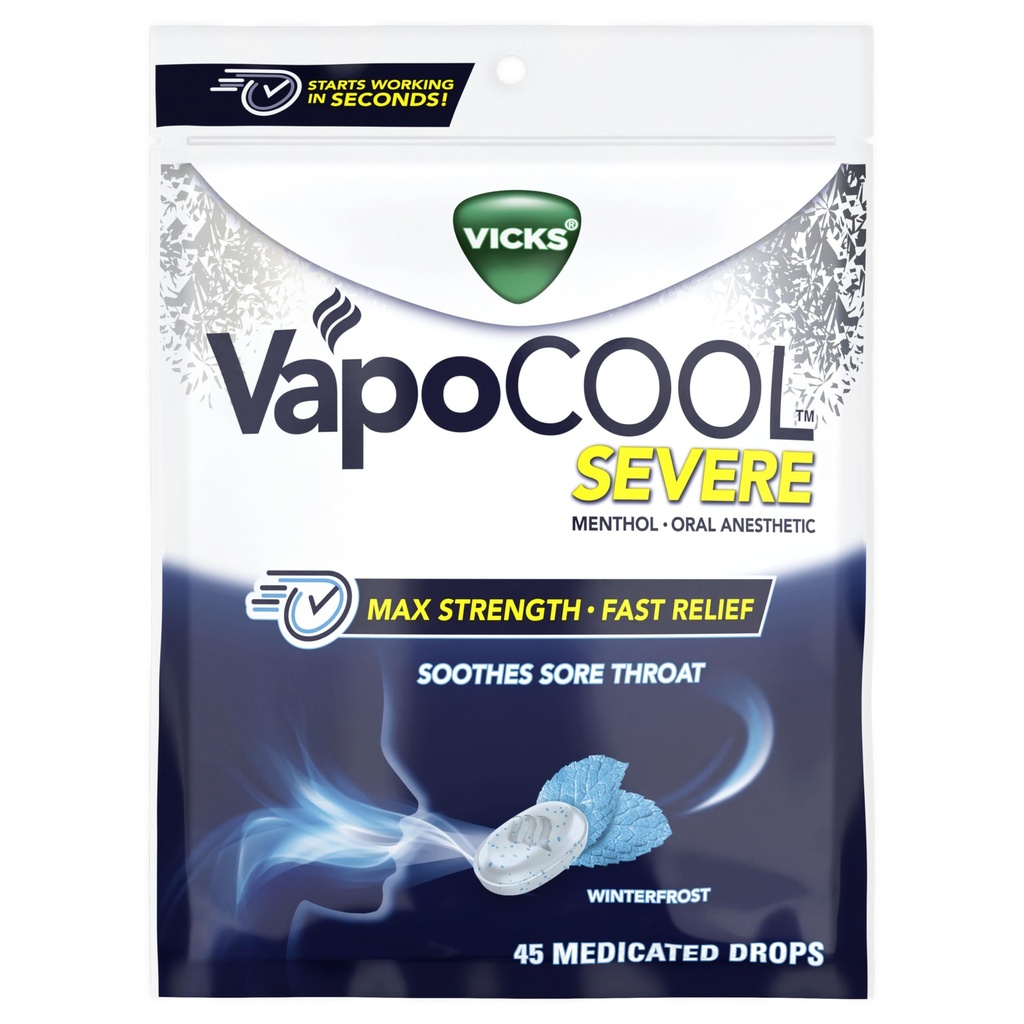 Ofiary VapoCool Ciężkie leki ból gardła Krople, Max siła Menthol, łagodzi ból gardła ból ból, Winterfrost Flavor, 45ct