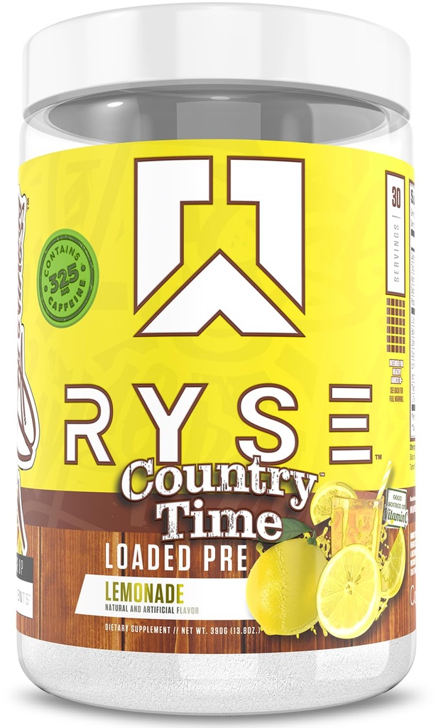 RYSE załadowany przed treningiem proszku - Lemoniada Country Time - Codzienne wstępne treningi dla mężczyzn i kobiet z 325mg kofeiny, Beta Alanine i Citruline dla pomp, Focus i energii - 30 Służenia