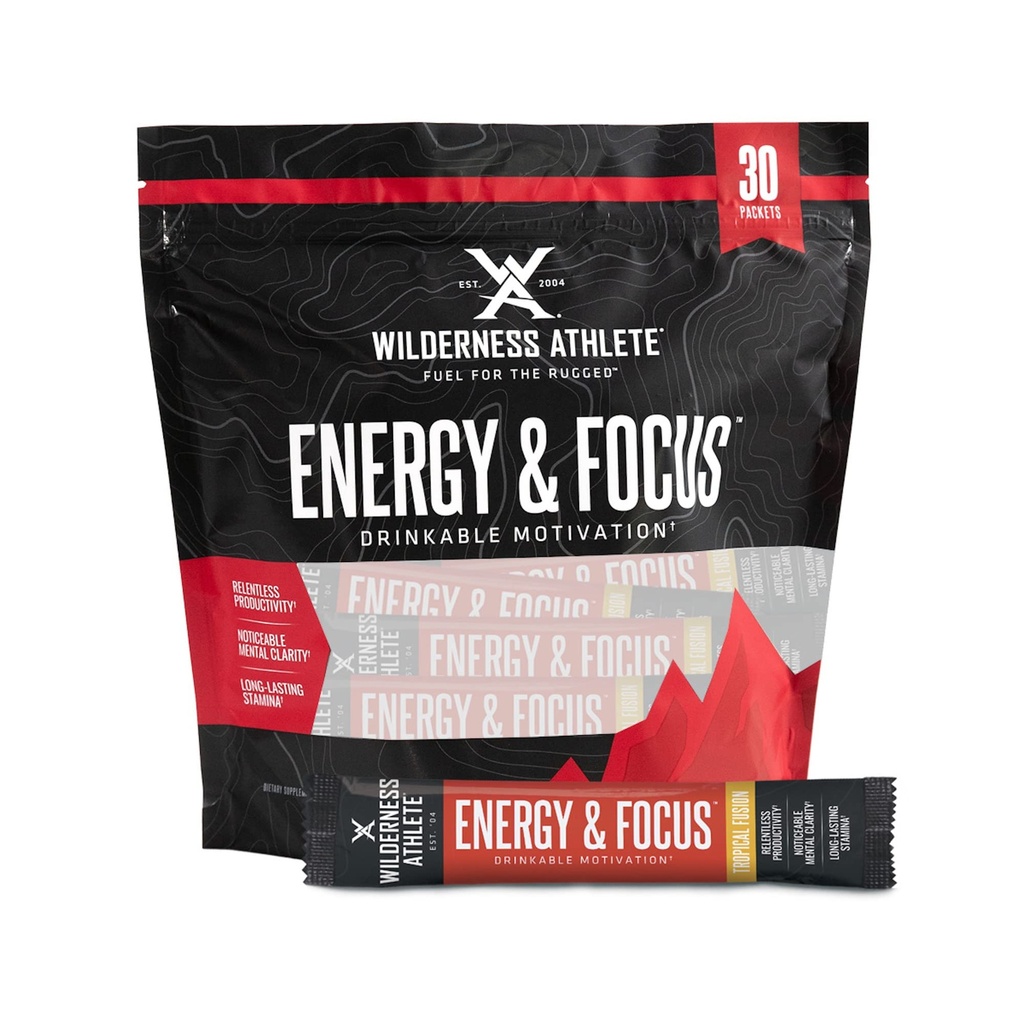 Wilderness Athlete - Energy & Focus | Energy Booster for Women & Men - Energy Drink Mix with Natural Caffeine - Low-Carb, Zero Sugar Energy Drink Powder - 30 Serving Energy Drink Packets (Tropical)