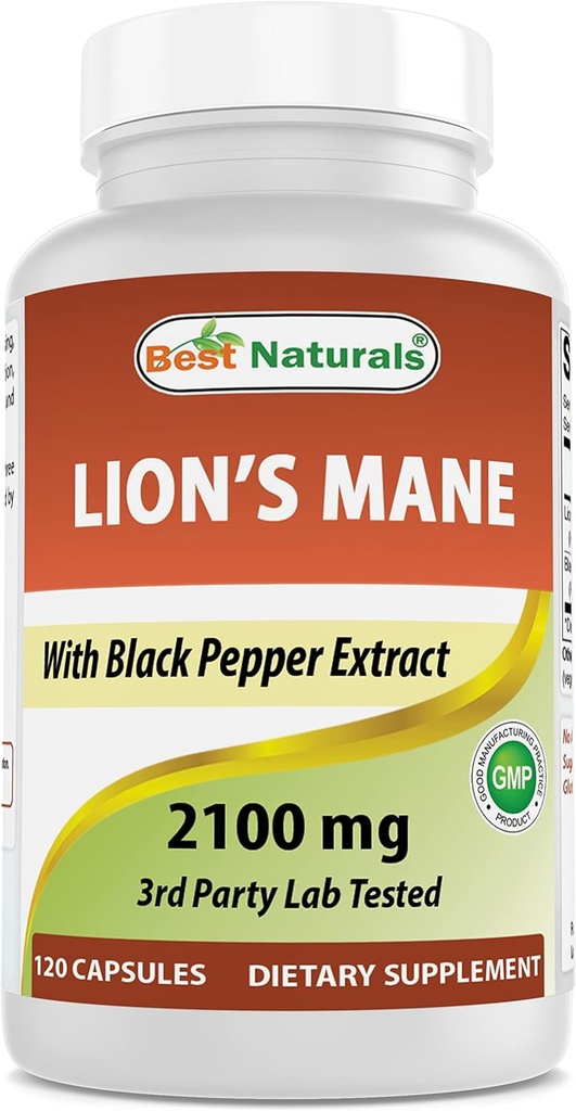Najlepszy Naturals Lions Mane Mushroom Supplement 2100mg - 120 Kapsułki - Wspiera mentalną klarowność, Focus & Immune Health - Dodano czarny pieprz dla maksymalnej absorpcji