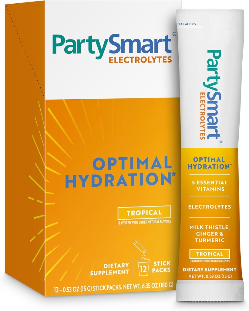 Himalaya PartySmart Tropical Electrolytes w proszku Pakiety, 12 Hrabia, Wspiera nawadnianie, Nawodnienie z sodu i potasu, Witamina C & More, Przeciwutleniacze Mieszanka mleka, Ginger & Turmeric