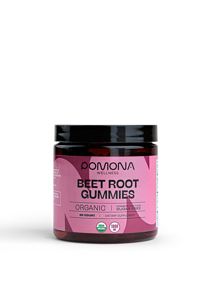 Pomona Wellness Organic Potent Beetroot Powder Gummies 1000mg - Bez cukru, Suplement tlenku azotu - Naturalna truskawka i jabłko Flavor, Wegan, 60 Hrabia