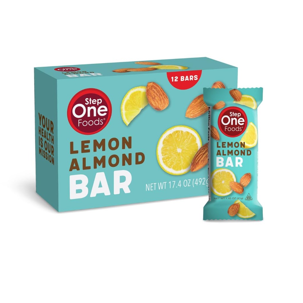 Step One Foods Lemon Almond Bar, Heart Healthy Snack Plant Sterols, Omega 3 's High Fiber Snack Gluten & Dairy Free, Wegan, Zero Sodu, Granola Bary (12 Pack)