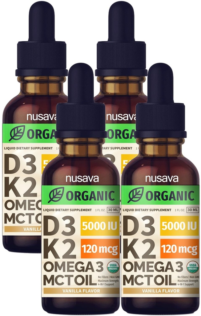 (4 opakowania) Organiczna witamina D3 K2 Krople z MCT Omega 3, 5000 IU, Maksymalna moc Witamina D Płyn - bez wypełniaczy, NieGMO Płyn D3 do szybszego wchłaniania i wsparcia immunologicznego (Vanilla, 4 Fl Oz)