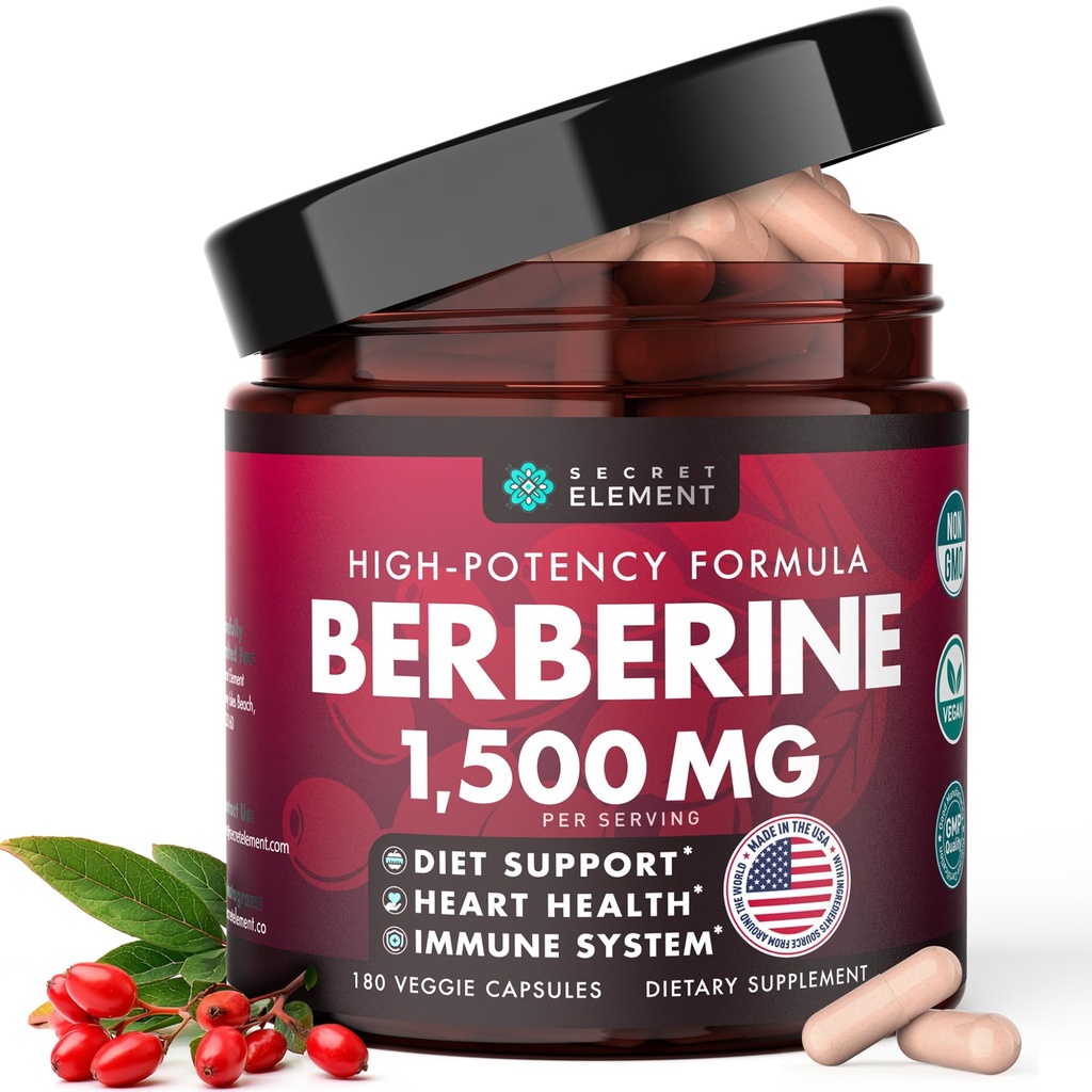 Secret Element Berberine HCL Supplement 1500 mg, High Potency Vegan Capsules with Beet Root, Citrus Bergamot & Black Currant, Non-GMO, 180 Capsules