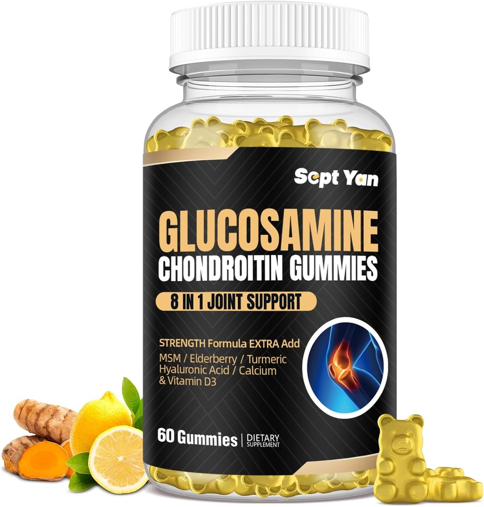 Glukozamina Gummie Chondroitin - 60 Joint Support Supplements - 1500mg Extra Siła z MSM, Elderberry, Turmeric - Chitlage & Immune Support dla dorosłych, Mężczyźni i Kobiety Wegan - Łatwy do połykania