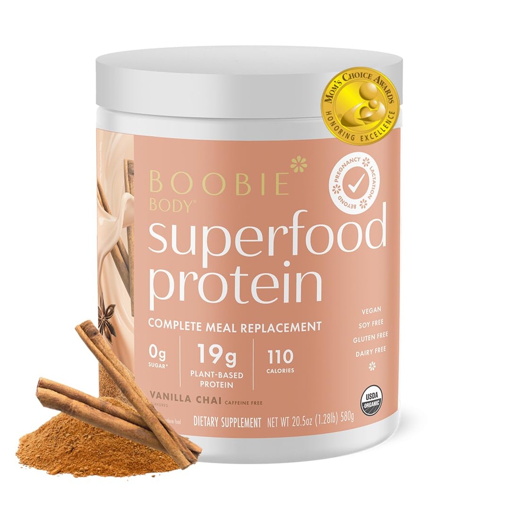 Boobie Body Superfood Protein Pregnancy and Postpartum Meal Replacement Shake, Vanilla Chai Flavor | 19g Protein | Safe for Lactation & Motherhood | Organic, Vegan, Zero Sugar, 1 Tub (20 Servings)