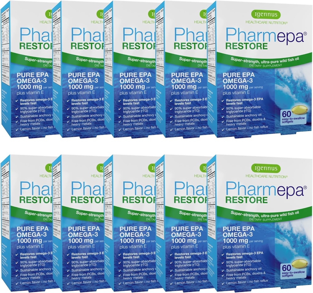 Igennus Pharmepa Restore, Pure EPA 1000mg, Omega 3 rTG Fish Oil, IFOS Certified, High Absorption, 90% Koncentracja Triple Strength, Wild & Sustainable, Lemon Flavor, 10- Month Supply, Pack of 10