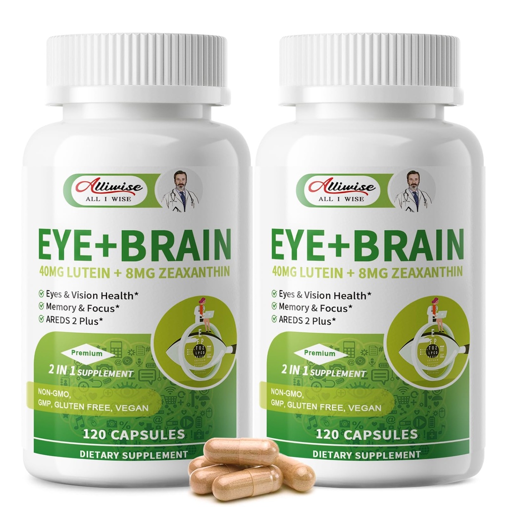 2 Pack Eye + Brain Supplements for Memory and Focus, Lutein 40mg, Zeaxanthin, Astaxanthin, Bilberry, Lion’s Mane, Bacopa Monnieri, Ginkgo Biloba, 14 in 1 Eye Vitamins for Adults & Seniors 240 Capsules