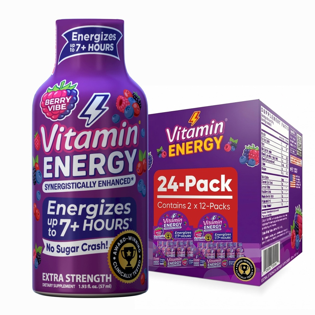 Witamina Energia Mood + Dodatkowa Moc Energy Shot Tropical Berry 24 Pack, 260mg Naturalna kofeina, B- Witaminy, Rhodiola, Rumianek, Mood & Energy Support, Zero cukru, Gluten- Free, Wegan, 1.93 fl oz