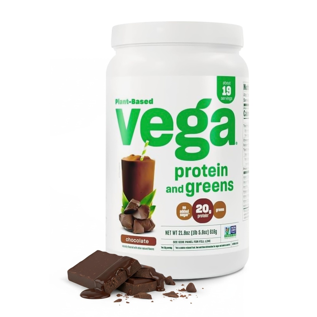 Vega Protein and Greens Protein Powder Chocolate (19 Servings) - 20 g Białko roślinne Plus warzywa, Wegan, Nie GMO, Pea Protein for Women and Men, 1.4lb (Packaging May Vary)